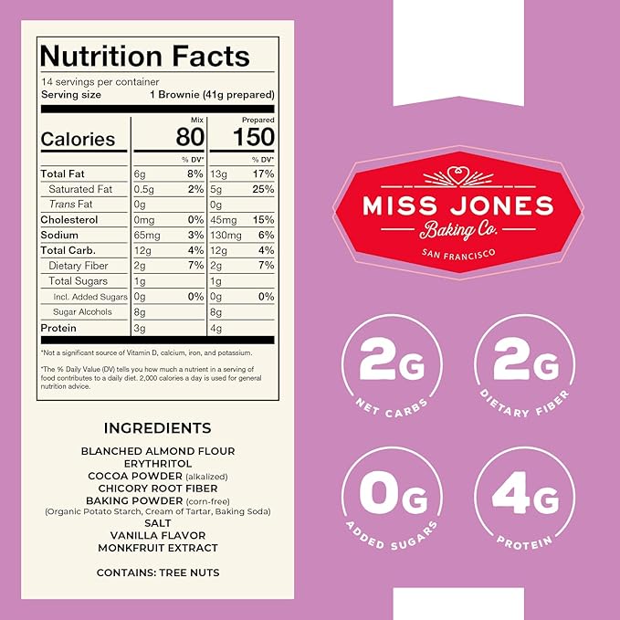 Miss Jones Baking Brownie Mix - Almond Flour, Gluten Free, Low Carb, No Sugar Added, Naturally