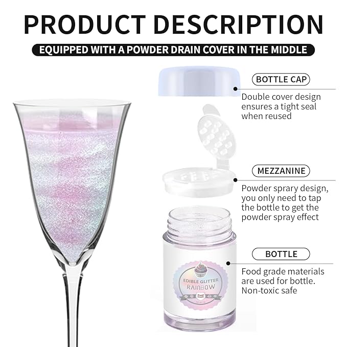 Edible Luster Dust 8 Colors Set - Edible Glitter for Cocktails, Rainbow Food Grade Powder Glitter