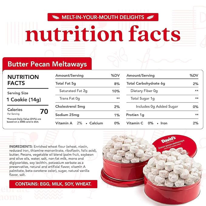 David's Cookies Gourmet Butter Pecan Meltaway Round Tin with Crunchy Pecans and Powdered Sugar