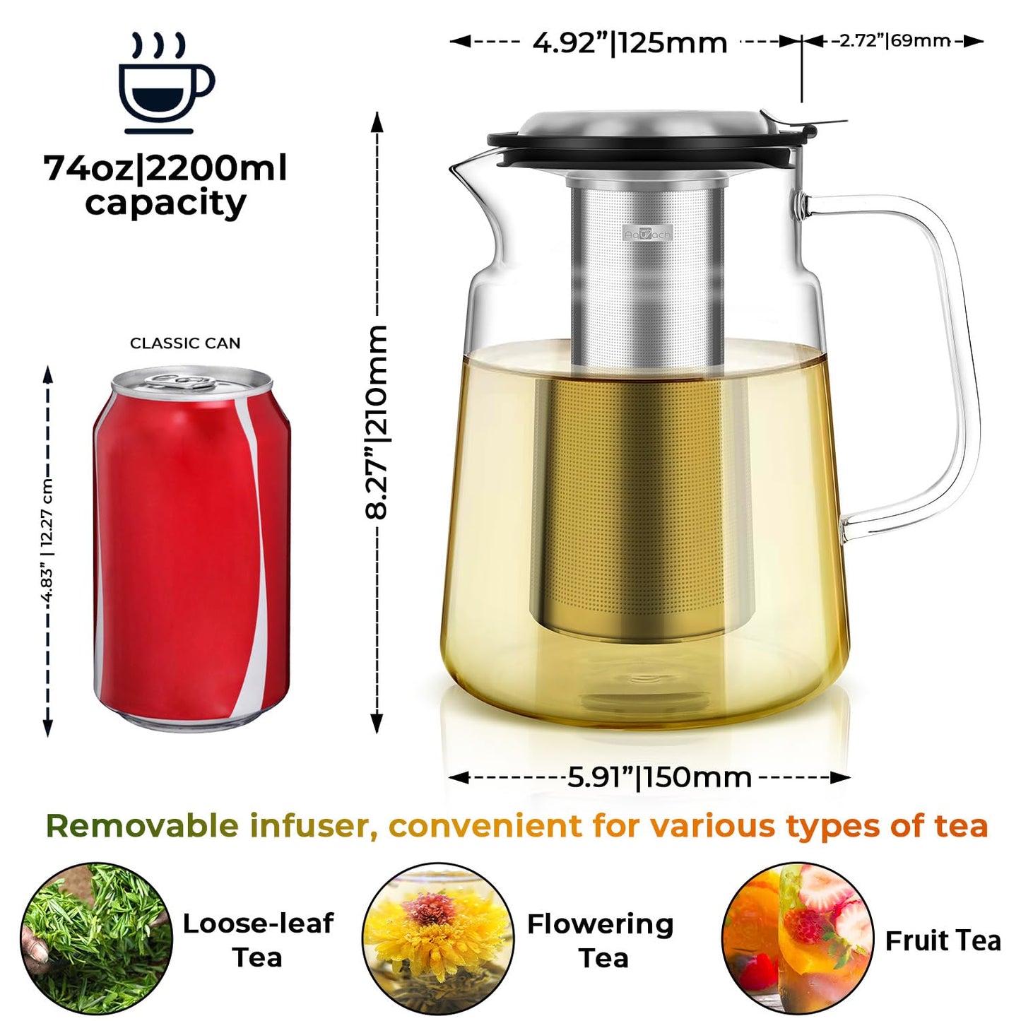 Aquach 74oz Glass Tea Pot with Infuser, Stovetop Safe Borosilicate Teapot