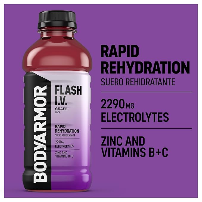 BODYARMOR Flash I.V. Electrolyte Beverage, Grape, Hydration Drink with Coconut Water For Rapid