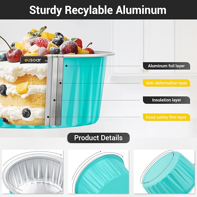 EUSOAR Aluminum Baking Cups with Lids, 30pcs 5oz Disposable Aluminum Foil Ramekins Cupcake Baking