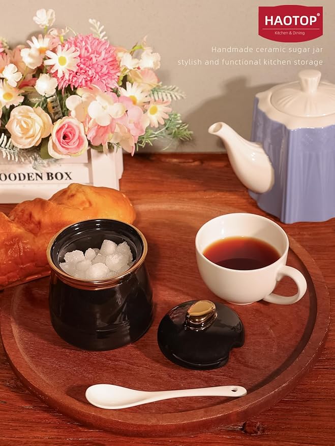HAOTOP 12oz Sugar Bowl with Lid and Spoon,Simple Ceramic Sugar Jar Sugar Container Sugar Dispenser