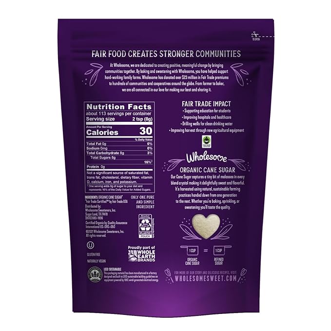 Wholesome Sweeteners 32-Ounce Organic Cane Sugar, Fair Trade, Non GMO, Gluten Free, Pure & Vegan