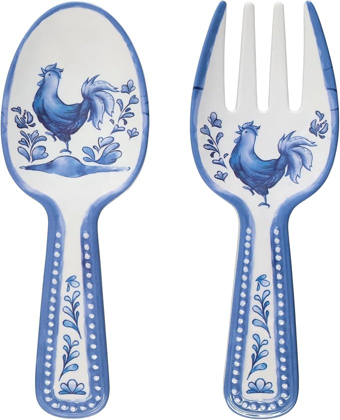 UPware Blue Rooster Melamine Salad Servers, Serving Utensil Set, Includes Serving Fork and Spoon
