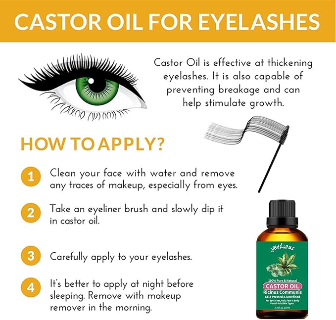 yethious Castor Oil Organic Cold Pressed Unrefined Growth for Eyelashes, Eyebrows, Hair. Skin