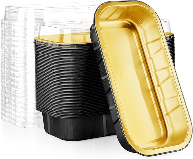 EUSOAR Mini Cake Pans with Lids，Black Gold 50pcs 20.9oz Aluminum Foil Disposable Mini Cake Loaf