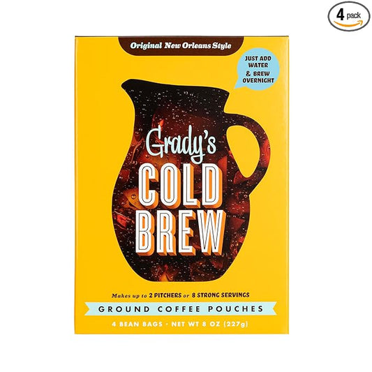 GRADY’S COLD BREW, New Orleans Style, 100% Arabica Ground Coffee & Chicory Pouches, One Box of Four