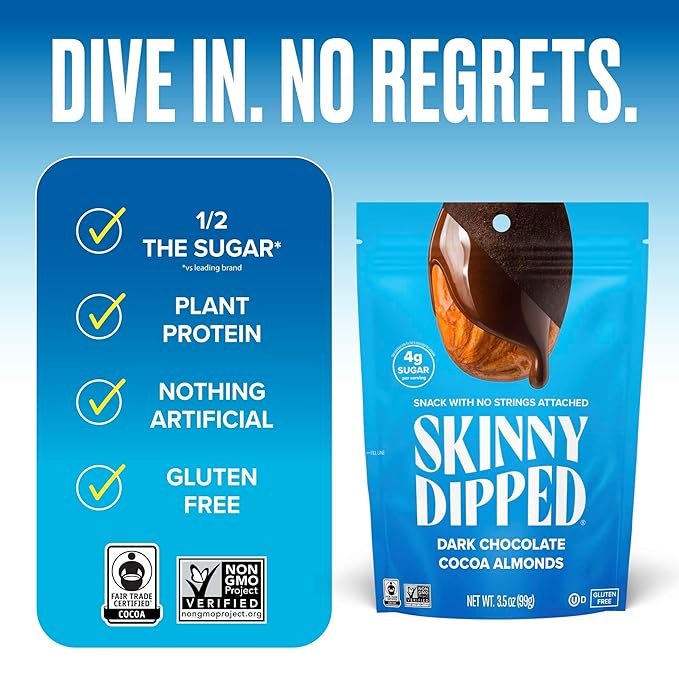 SkinnyDipped Dark Chocolate Cocoa Almonds, Healthy Snack, Plant Protein, Gluten Free, 3.5 oz