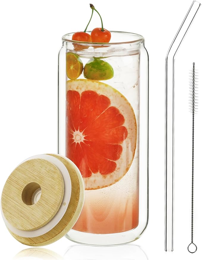 LIBWYS 16oz Double Wall Drinking Glass Cup with Bamboo Lid and Straw, 1 Pc Set ??Condensation