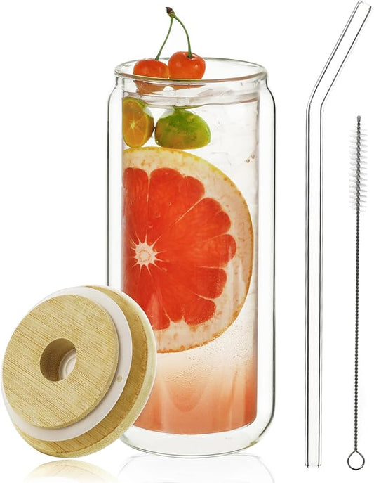 LIBWYS 16oz Double Wall Drinking Glass Cup with Bamboo Lid and Straw, 1 Pc Set ??Condensation