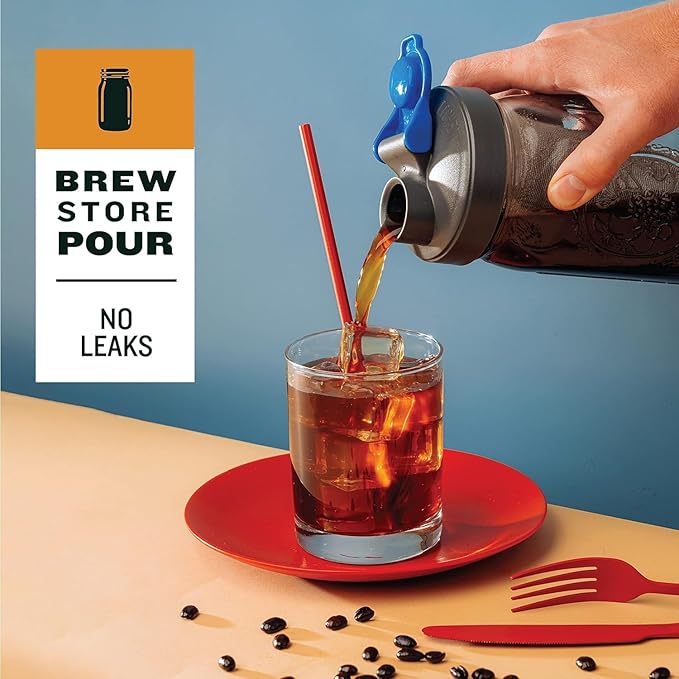 County Line Kitchen Glass Cold Brew Coffee Maker with Lid - Wide Mouth, 2 Quart (64 oz) - Heavy