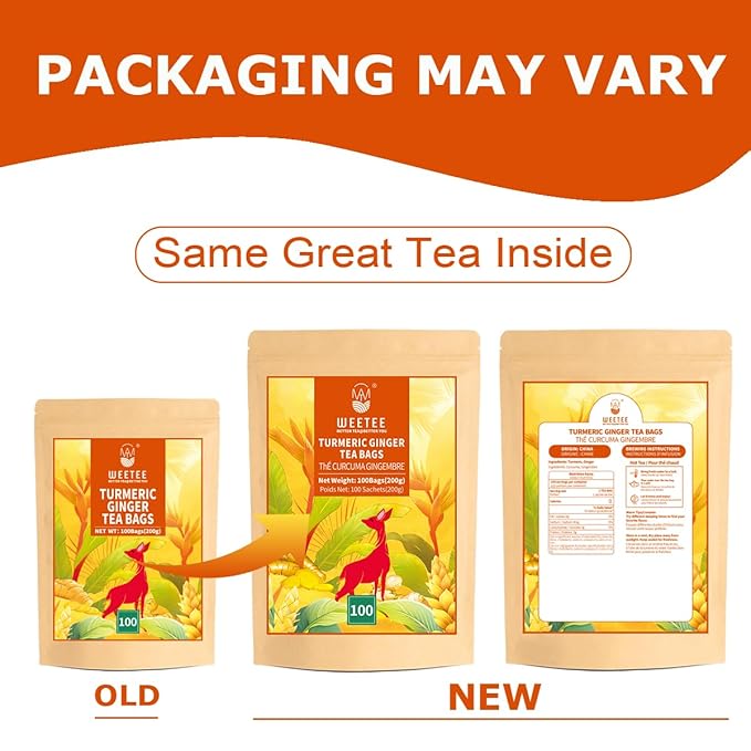 WT WEETEE Turmeric Ginger Tea Bags, 100% Pure Turmeric and Ginger Root Herbal Blend Savory & Spicy