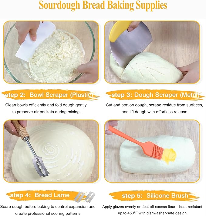 9 & 10 Inch Banneton Bread Proofing Basket Set with Liners,Dough Scraper,Bread Lame & Danish Whisk