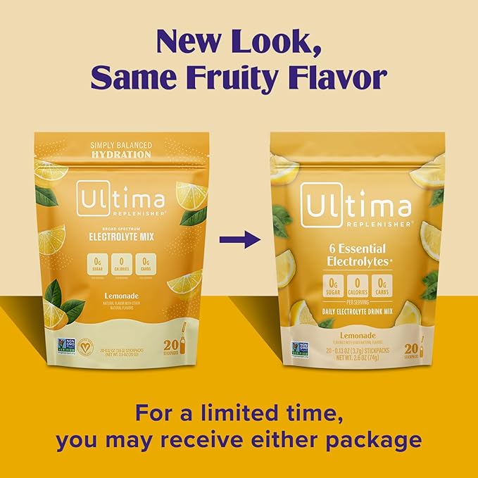 Ultima Replenisher Daily Electrolyte Powder Drink Mix ??Sugar Free ??Lemonade, 20 Stickpacks