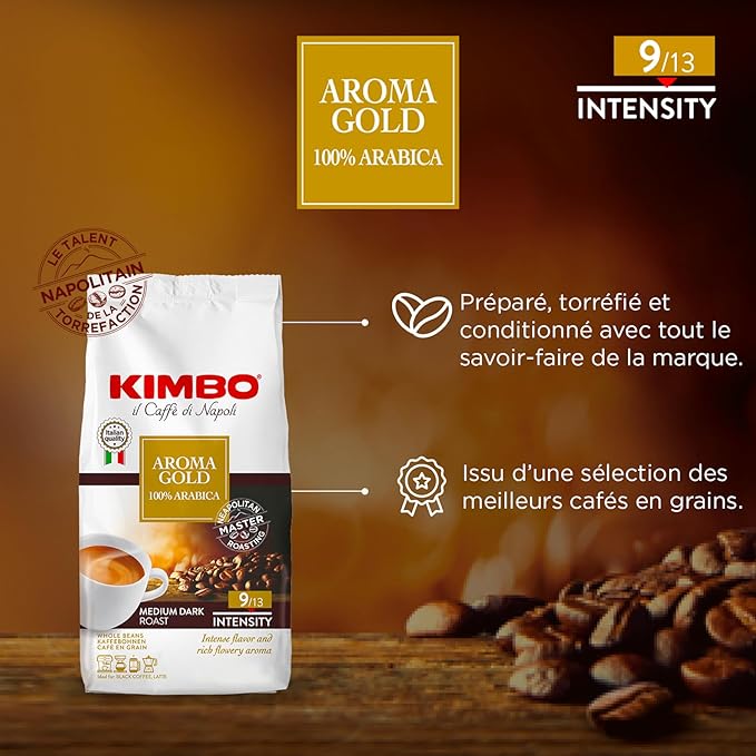 Kimbo Aroma Gold | 100% Arabica Whole Bean Coffee | Medium Dark Roast | 9/13 Intensity | 2.2 Lbs