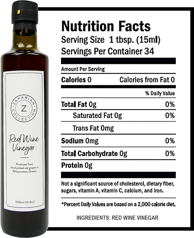 Zakarian: Red Wine Vinegar - Made from Organic Greek Red Grapes - 500 ml - Intense, Refined Flavor