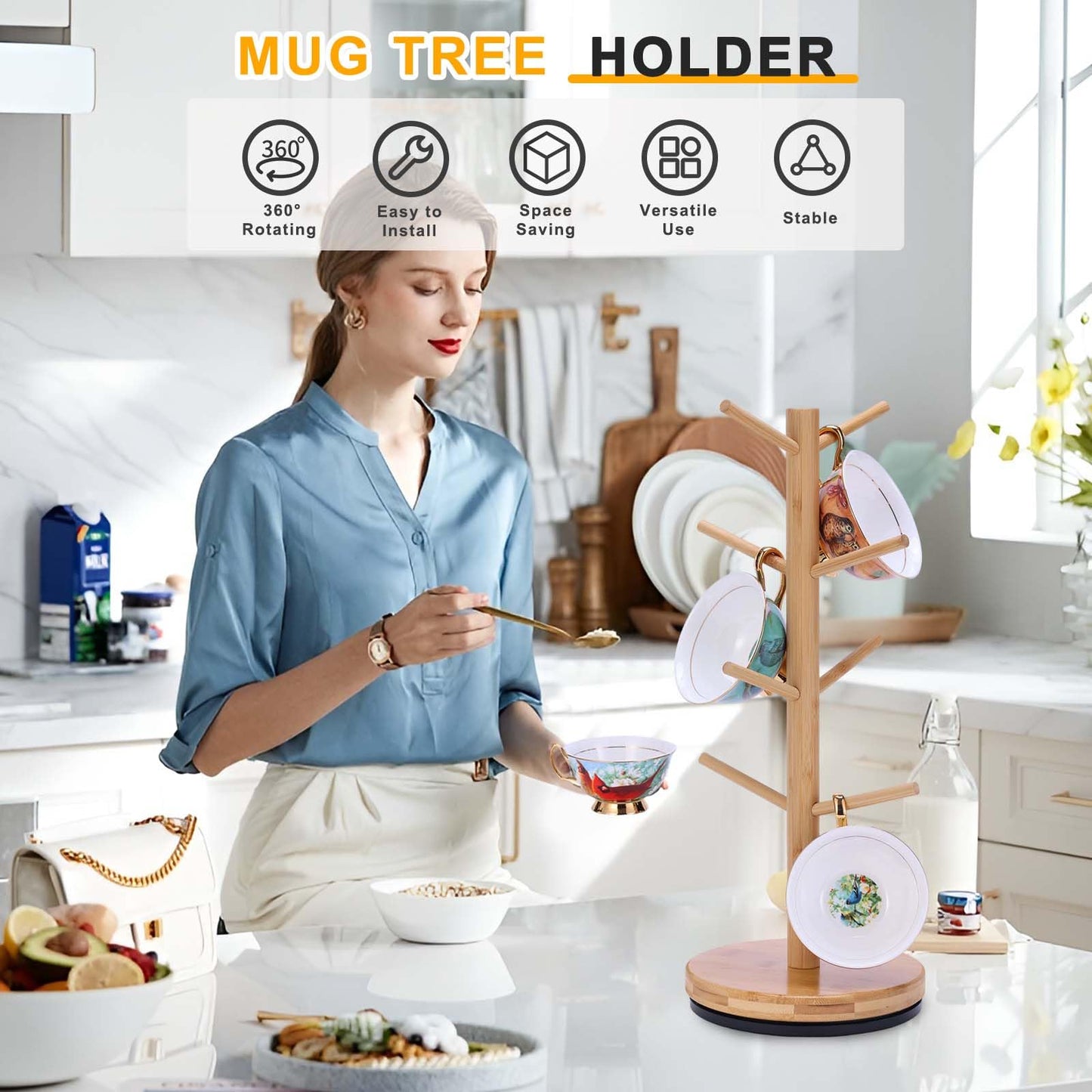 Krispmaild Mug Holder Tree, Upgraded 360° Rotated 8 Hooks Coffee Mug Holders for Counter, Bamboo
