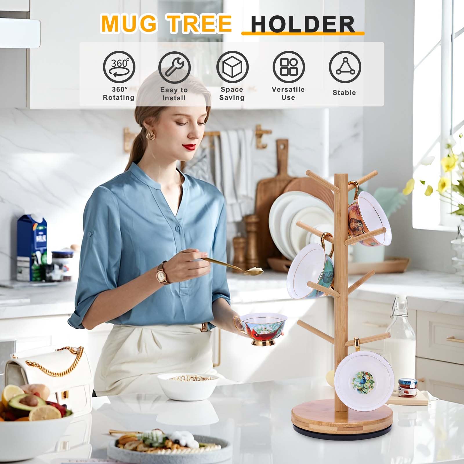 Krispmaild Mug Holder Tree, Upgraded 360° Rotated 8 Hooks Coffee Mug Holders for Counter, Bamboo