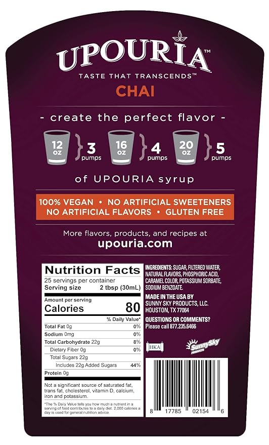 Upouria Chai Syrup Flavoring, 100% Vegan, Gluten-Free, Kosher, 750ml bottle (Pack of 2) with 1