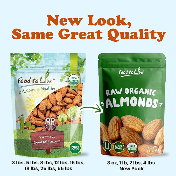 Food to Live - Organic Imported Raw Almonds, 4 Pounds Non-GMO, Whole, Raw, No Shell, Unpasteurized