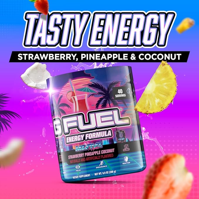 G Fuel Miami Nights Energy Drink Powder, Pre Workout Caffeine Mix for Gaming, Sugar Free Focus