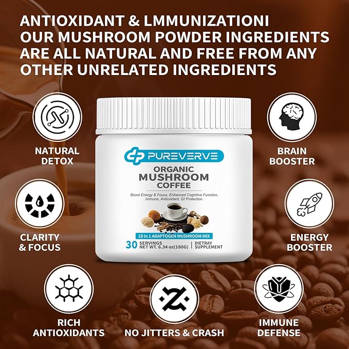 Mushroom Coffee, Organic10 Mushroom Extract Powder Blend Lion's Mane, Reishi, Chaga, Cordyceps
