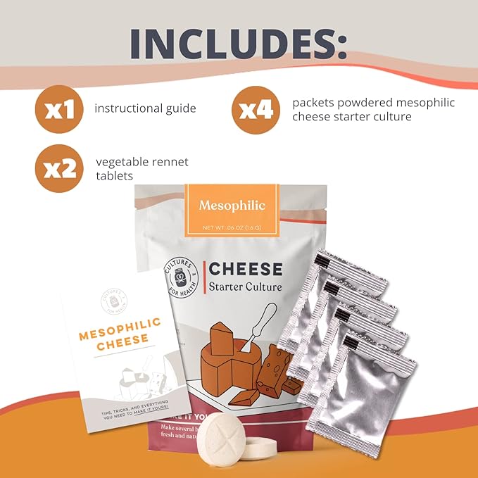 Cultures for Health Mesophilic Cheese Starter | 4 Packets Direct-Set Culture + 2 Rennet Tablets for