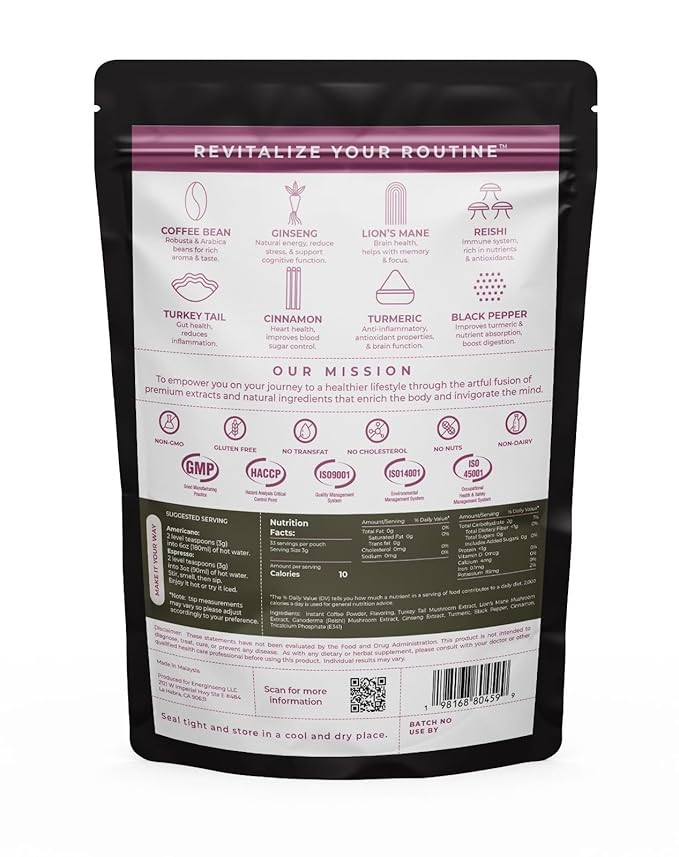 Energinseng Mushroom Coffee - Artisanal Instant Americano Espresso with Nootropics, Adaptogens