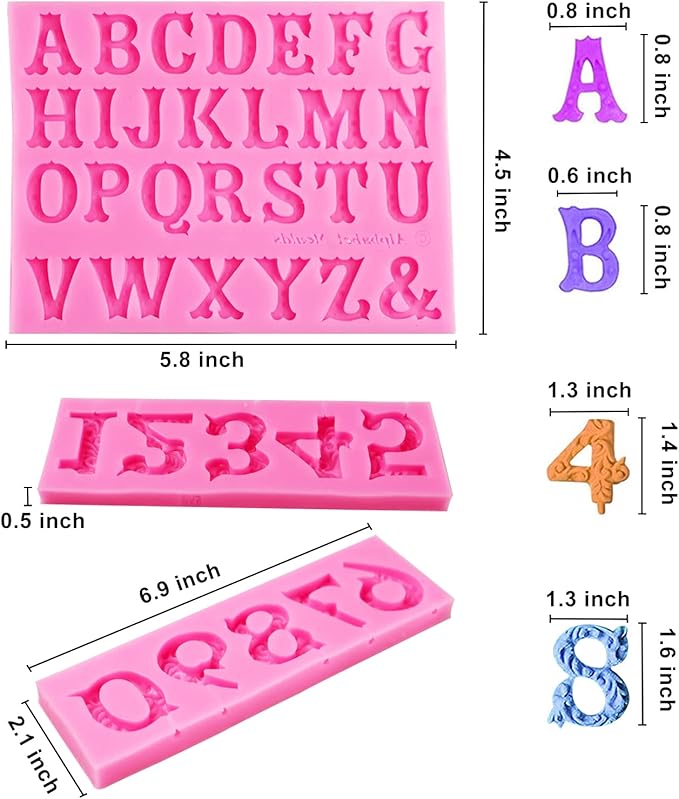Silicone Fondant Molds, AIMEIKI 3 Pack 3D Silicone Number 0-9 Alphabet A-Z Embossed Fondant