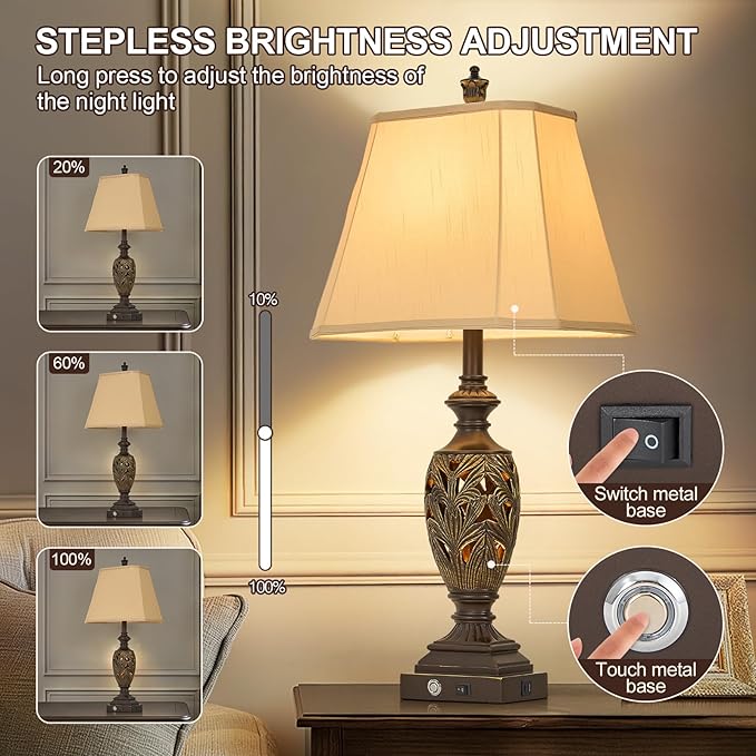 29.5" H Touch Traditional Table Lamp Set of 2,Vintage Bedside Nightstand Lamps with Dual USB and