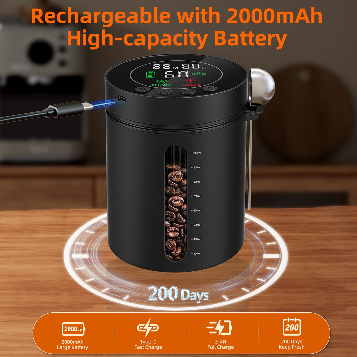 Automatic Vacuum Coffee Canister, 1.3L Coffee Container with LED Display