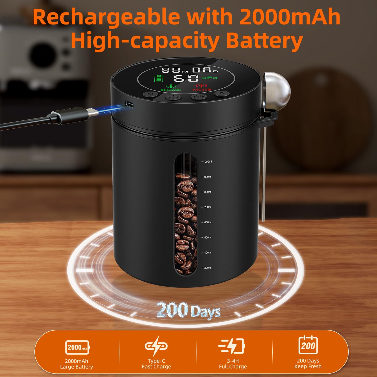 Automatic Vacuum Coffee Canister, 1.3L Coffee Container with LED Display