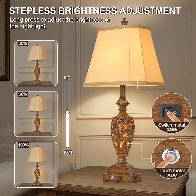 29.5"H Touch Control Traditional Table Lamp with Dual USB Ports, Set of 2, 3-Way Dimmable Hollow