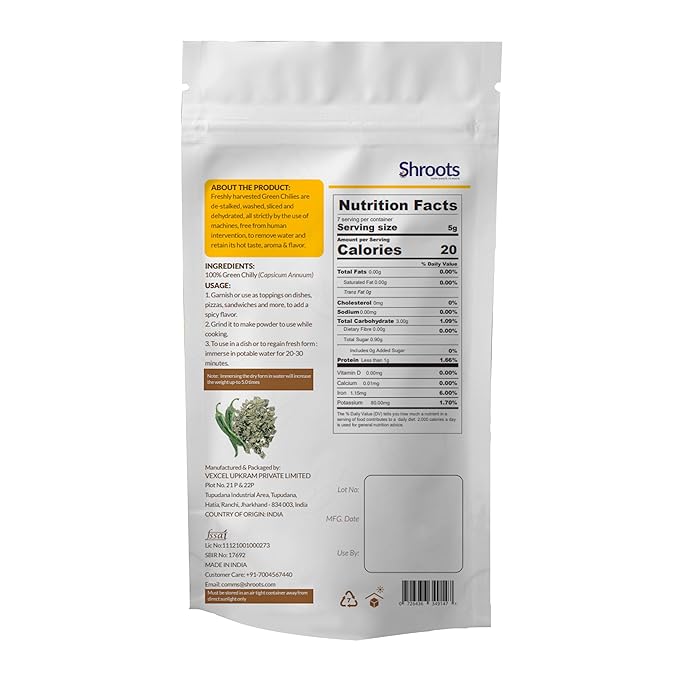 SHROOTS Dehydrated Green Chilli Flakes Pure Vegetarian Gluten-Free No Added Salt Easy Cooking