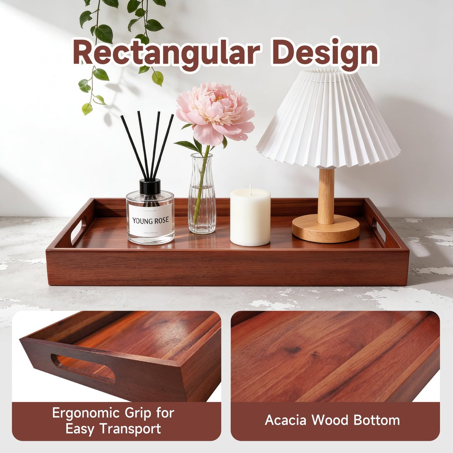 Kiseng 17 x 12 Inch Acacia Wood Large Serving Tray with Handles