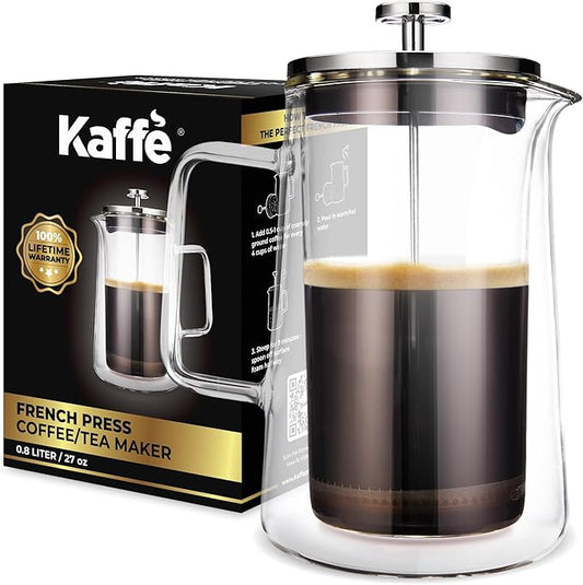 Kaffe Glass French Press Coffee Maker (27oz / 0.8L) - Double-Wall Insulated Borosilicate Glass