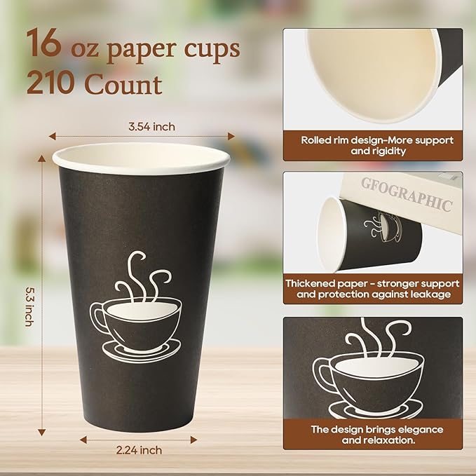 16 oz Paper Coffee cups, 210 Count, Disposable Drinking Cups for Parties, Office Use, and Everyday