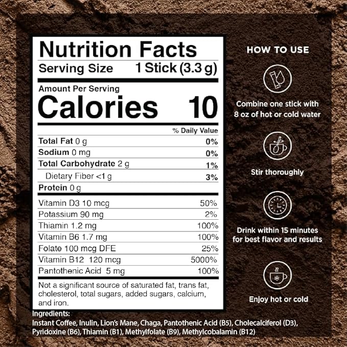VitaCup Focus Mushroom Coffee Instant Packets, for Memory & Clarity Support, w/Fiber, Chaga, Lion’s