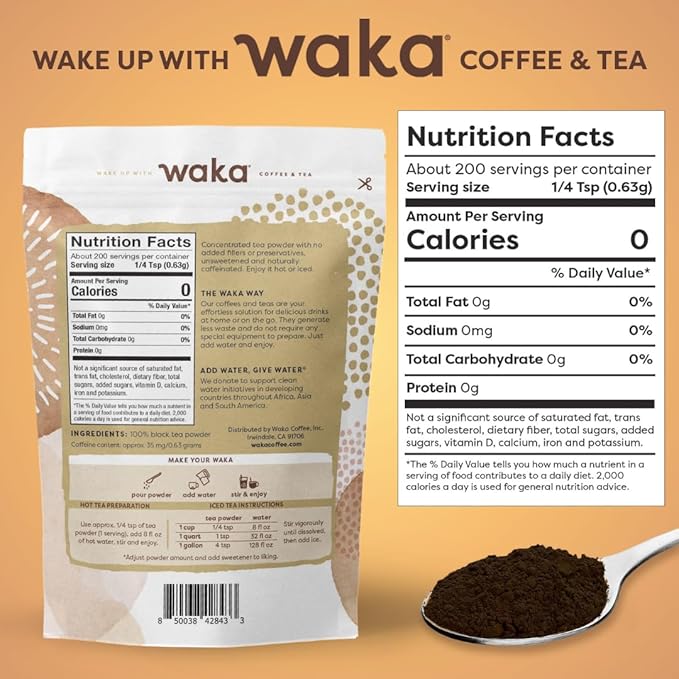 Waka Instant Black Tea Mix, Classic - 100% Tea Leaves, No Additives, Unsweetened Tea Powder for 50