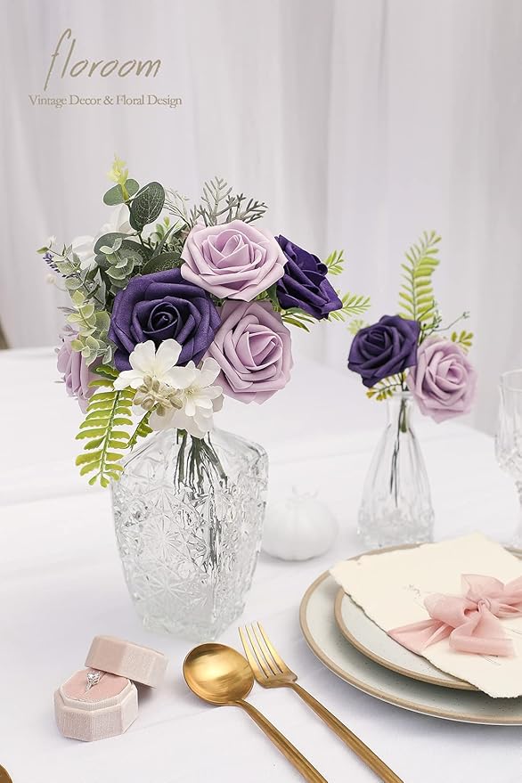 Floroom Artificial Flowers 25pcs Real Looking Lilac & Purple Foam Fake Roses with Stems for DIY
