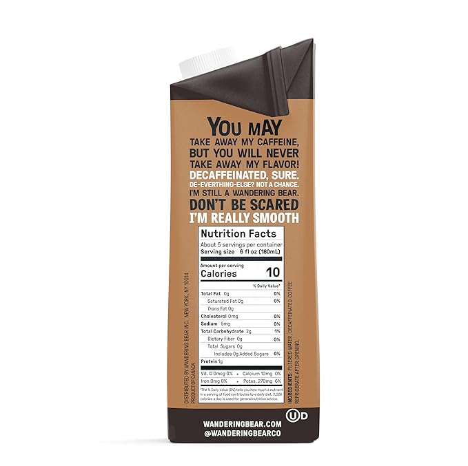 Wandering Bear Decaf Cold Brew Coffee, 32 fl oz, 6 pack - Extra Strong, Bold, Smooth, Unsweetened