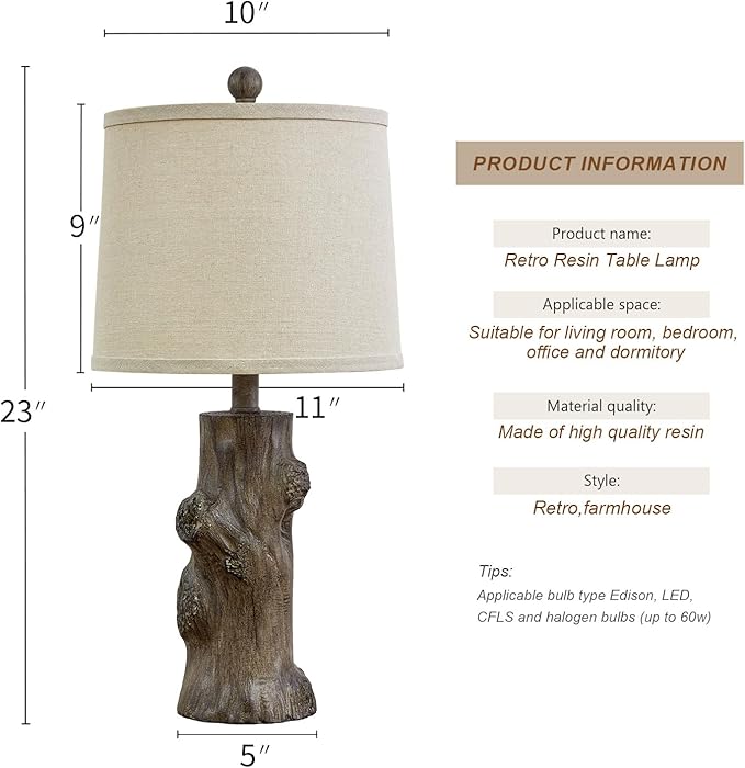 OYEARS 23"Resin Table Lamps for Living Room Set of 2 Country Cottage Farmhouse Lamp for Bedroom