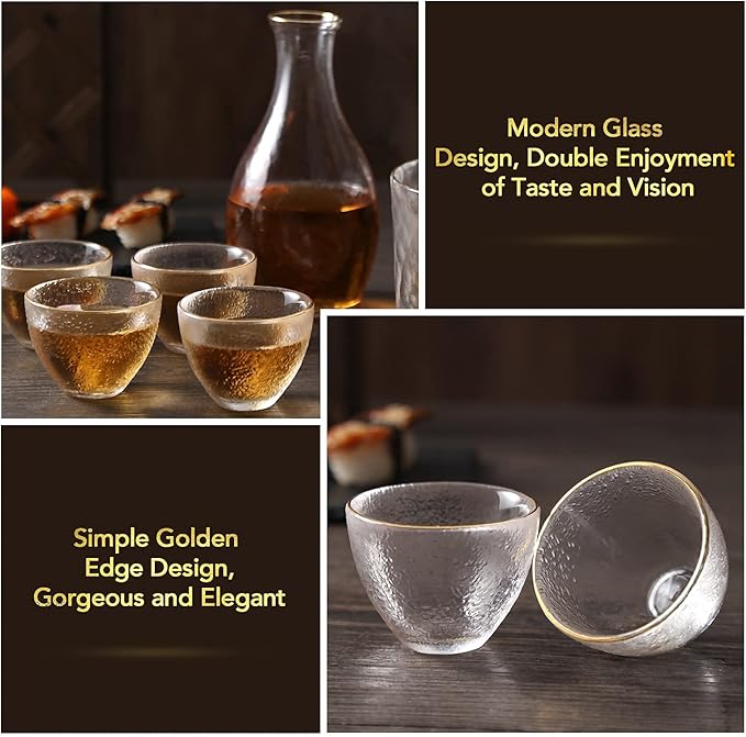 DUJUST Japanese Sake Set for 4, Glass Hammer Pattern in Golden Trim, 1 Crystal Clear Sake Bottle, 1