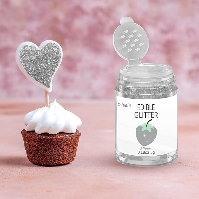 Silver Edible Glitter Glimmer Powder for Cakes Drinks - Colaele 5 grams Food Grade Luster Dust