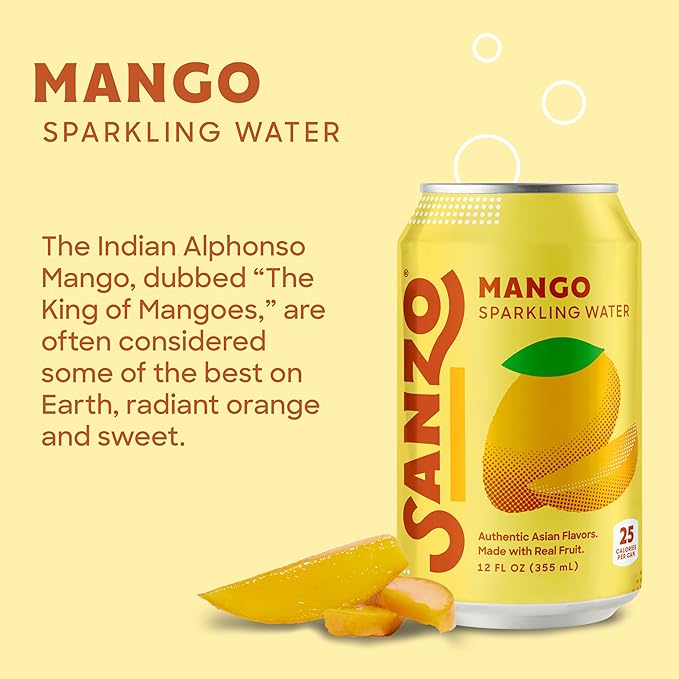 Sanzo Flavored Sparkling Water - Mango Soda Seltzer - Low Calorie Low Sugar Soda - Craft Asian