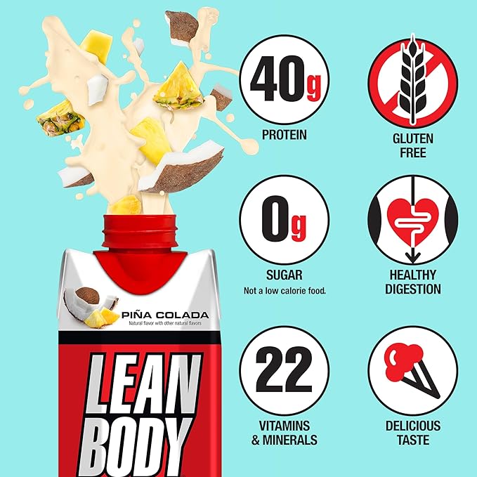 Lean Body Ready-to-Drink Pina Colada Protein Shake, 40g Protein, Whey Blend, 0 Sugar, Gluten Free