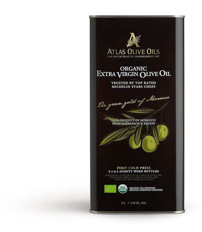 A ATLAS OLIVE OILS Bulk Organic Cold Pressed Moroccan Extra Virgin Olive Oil, Polyphenol Rich