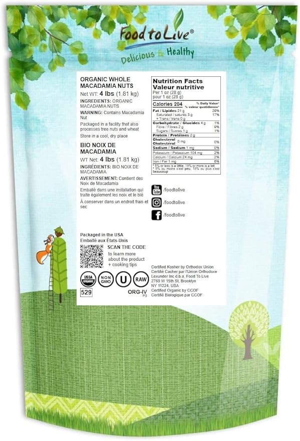 Food to Live Organic Whole Macadamia Nuts, 4 Pounds – Non-GMO, Raw, Shelled, Unsalted, Kosher