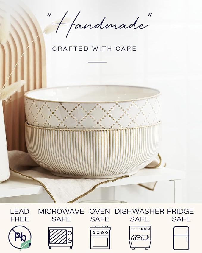 getstar Large Serving Bowls (9.5 inch & 92 fl oz), Ceramic Salad Bowl Set of 2, Microwave and